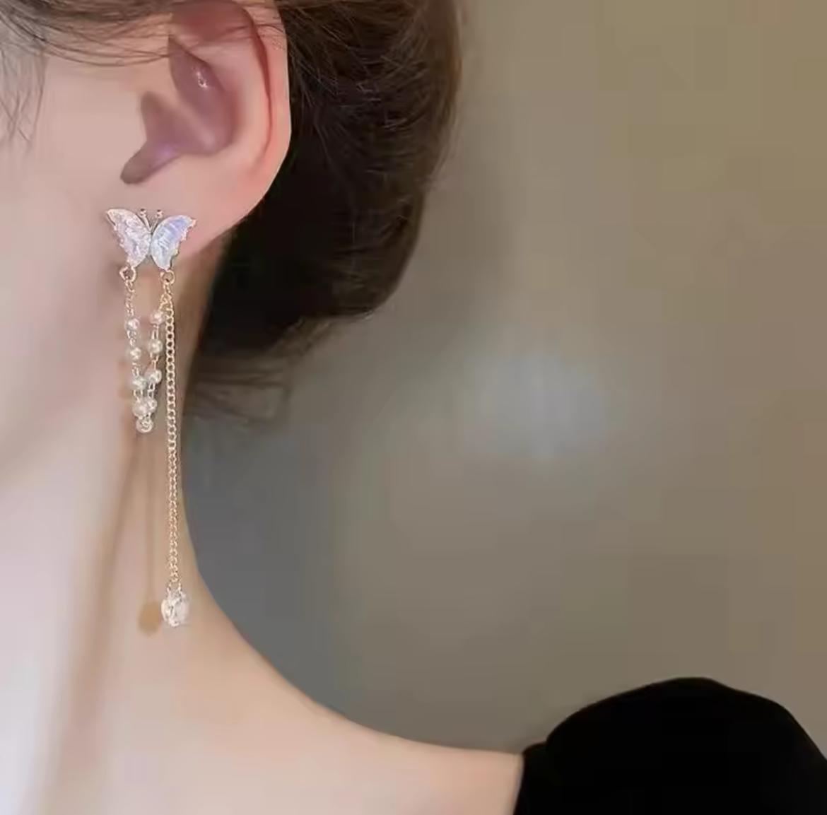 S925 Elegant Butterfly with Pearl Tassels Drop Earrings