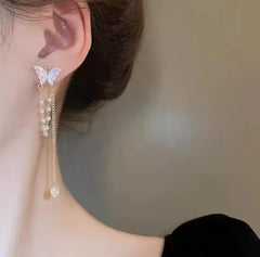 S925 Elegant Butterfly with Pearl Tassels Drop Earrings