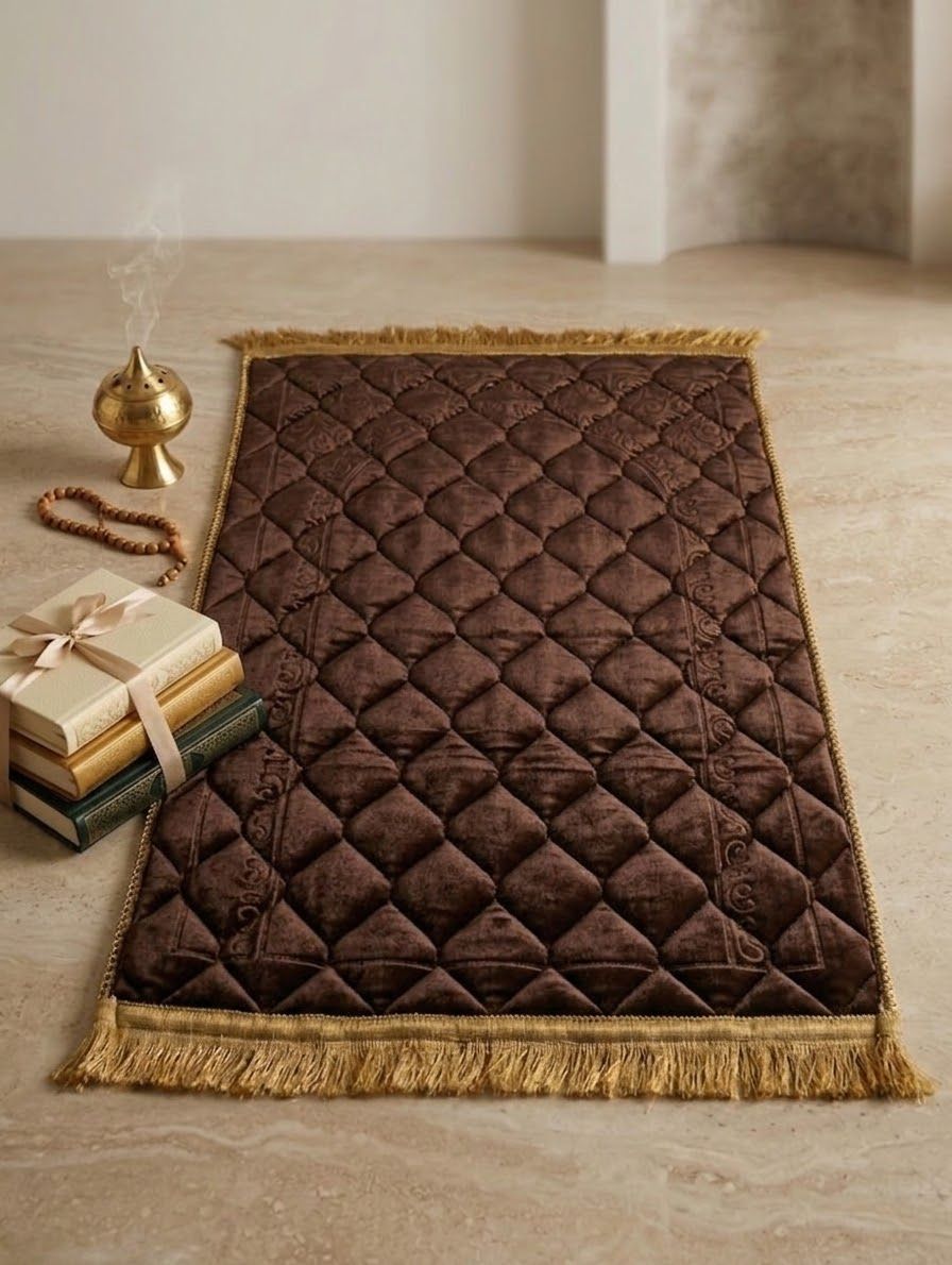 Royal Cream Embossed Velvet Prayer Mat (Janamaz)