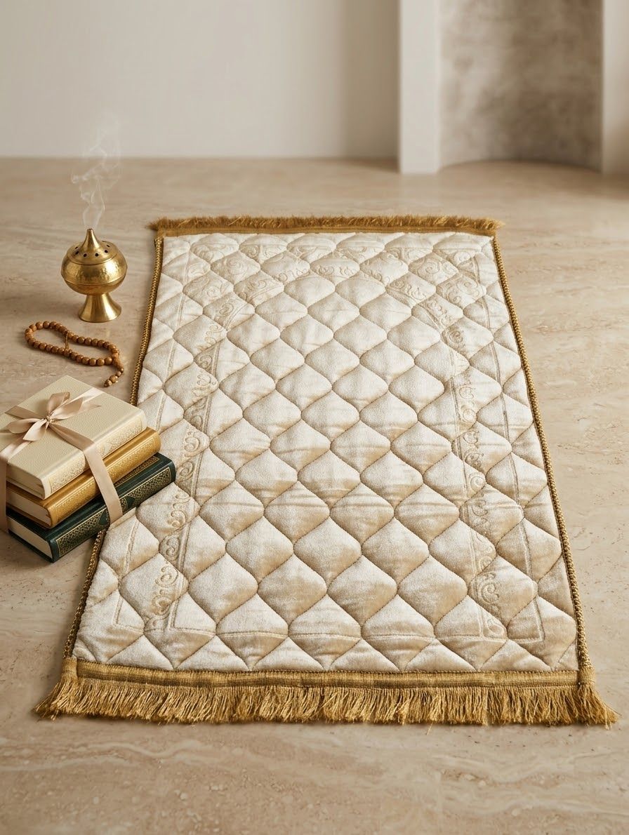 Royal Cream Embossed Velvet Prayer Mat (Janamaz)