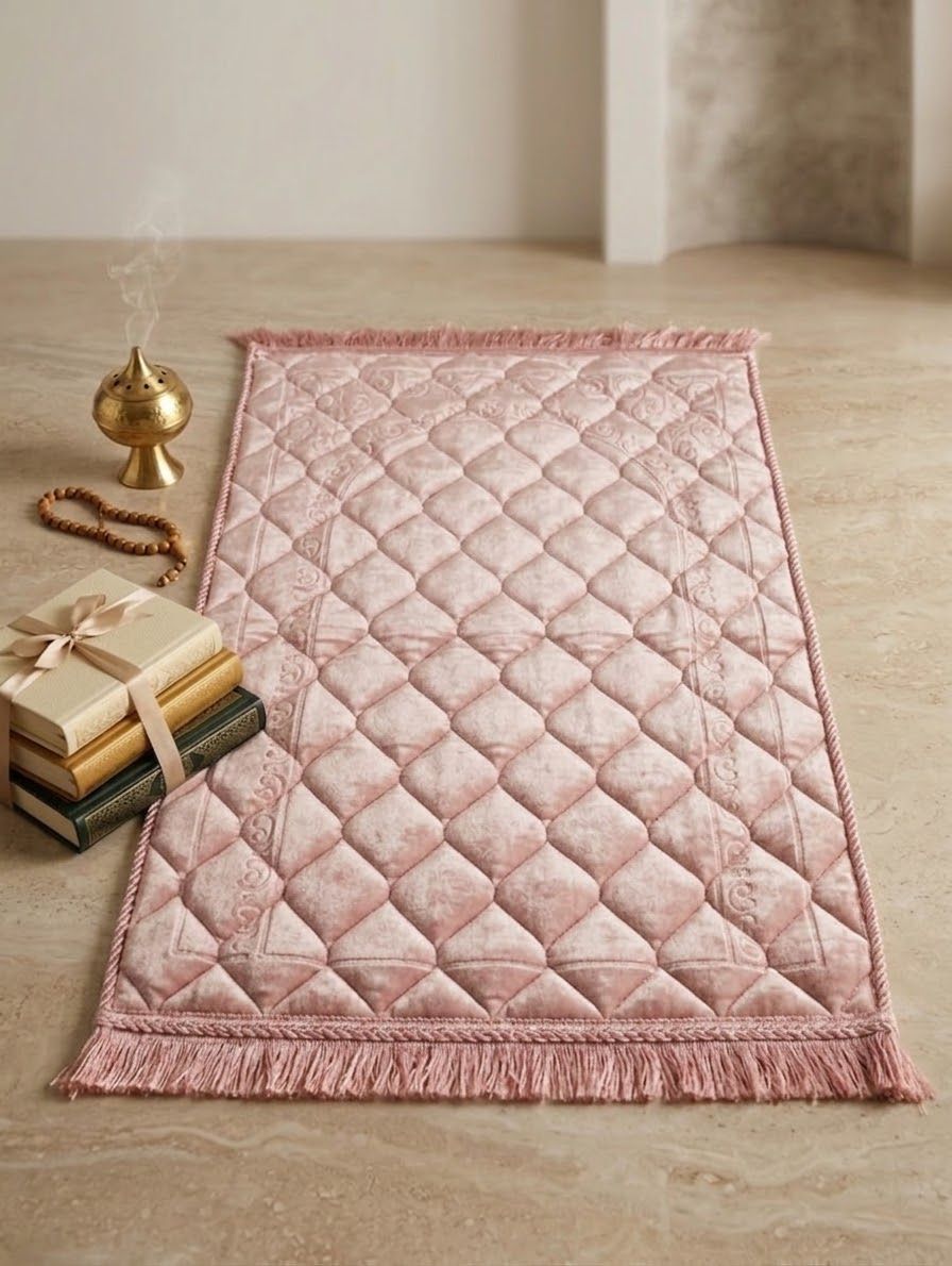 Royal Cream Embossed Velvet Prayer Mat (Janamaz)